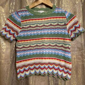 Springfield Pointelle Rays Knit Colorful Striped Scallop Hem Top Blouse Small